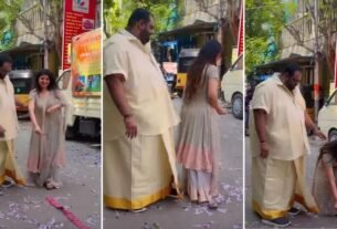 The South actress was spotted bursting crackers with her handsome hubby